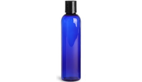 Plastic Tall Blue Bottles with Black Disc Top Caps, 8 oz.