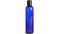 Plastic Tall Blue Bottles with Black Disc Top Caps, 8 oz.
